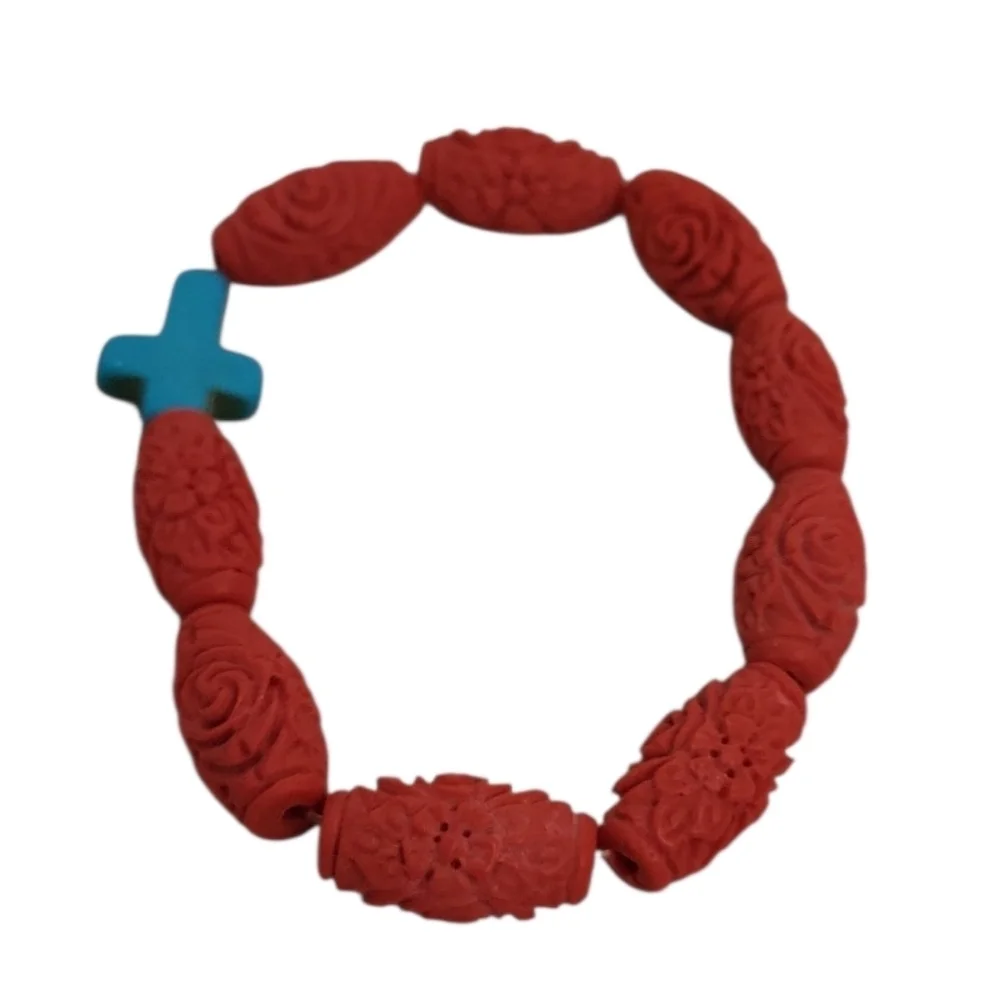 Carved Cinnabar Barrel Beads & Turquoise Cross Stretch Bracelet
